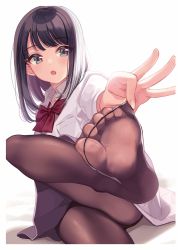 Rule 34 | 1girl, :o, blush, bow, bowtie, breast pocket, breasts, brown pantyhose, feet, green eyes, highres, large breasts, leg up, long hair, long sleeves, looking at viewer, no shoes, open mouth, original, pantyhose, pantyhose tug, pleated skirt, pocket, red bow, red bowtie, shigure ui, shirt, sidelocks, sitting, skirt, solo, toes, white shirt, white skirt