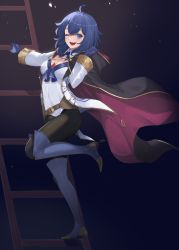 Rule 34 | 1girl, ;d, absurdres, adapted costume, ahoge, alternate costume, black cape, black pantyhose, blue eyes, blue footwear, blue gloves, blue hair, boots, cape, commentary, covered navel, english commentary, fire emblem, fire emblem awakening, fire emblem heroes, gloves, highres, ladder, leg up, leotard, morgan (female) (fire emblem), morgan (fire emblem), nintendo, one eye closed, open mouth, pantyhose, ritence, smile, solo, spotlight, standing, standing on one leg, thigh boots, white leotard