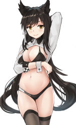 Rule 34 | 1girl, absurdres, arm up, atago (azur lane), atago (stunning speedster) (azur lane), azur lane, bikini, black bikini, black hair, breasts, brown eyes, brown thighhighs, cleavage, closed mouth, commentary request, cowboy shot, highres, large breasts, long hair, long sleeves, looking at viewer, navel, qianqiu wanxia, race queen, shrug (clothing), smile, solo, standing, stomach, swimsuit, thighhighs, thighs, very long hair, wrist cuffs