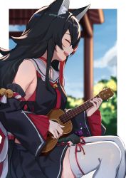 Rule 34 | 1girl, absurdres, animal ear fluff, animal ears, bell, black hair, blurry, bow, breasts, choker, closed eyes, cloud, depth of field, detached sleeves, flipped hair, floral print, hair between eyes, highres, hololive, instrument, isaya (pixiv4541633), jingle bell, kouhaku nawa, long hair, multicolored hair, neckerchief, ookami mio, ookami mio (1st costume), open mouth, outdoors, pillar, pleated skirt, red hair, ribbon, rope, sailor collar, sailor shirt, shimenawa, shirt, sitting, skirt, sky, sleeveless, sleeves past wrists, smile, solo, streaked hair, tail, tail wrap, teeth, thighhighs, tree, ukulele, upper teeth only, very long hair, virtual youtuber, wolf ears, wolf girl, wolf tail