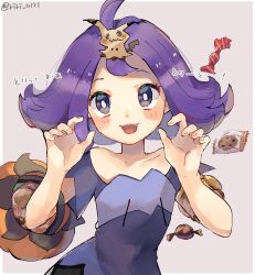 Rule 34 | 1girl, acerola (pokemon), armlet, bad id, bad pixiv id, candy, cookie, creatures (company), elite four, flipped hair, food, game freak, gen 7 pokemon, grey background, halloween bucket, highres, mimikyu, nintendo, open mouth, pokemon, pokemon (creature), pokemon sm, purple eyes, purple hair, ririmon, simple background, solo, stitches, trial captain, twitter username, upper body