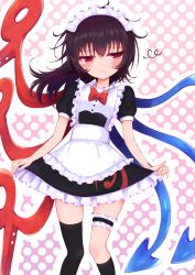 Rule 34 | 1girl, alternate costume, asymmetrical wings, black dress, black hair, black thighhighs, blue wings, blush, body blush, bow, bowtie, buttons, commentary request, dress, embarrassed, enmaided, eyes visible through hair, frilled dress, frilled socks, frills, hair between eyes, highres, houjuu nue, looking away, maid, maid headdress, polka dot, polka dot background, puffy short sleeves, puffy sleeves, red bow, red bowtie, red eyes, red wings, short dress, short hair, short sleeves, single thighhigh, skirt hold, socks, solo, standing, thigh strap, thighhighs, tomoe (fdhs5855), touhou, wavy mouth, wings