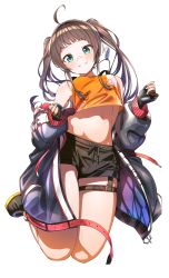 Rule 34 | 1girl, absurdres, ahoge, black gloves, black shorts, blue eyes, blue jacket, blunt bangs, brown hair, dog tags, gloves, grin, highres, hololive, jacket, jumping, legband, long hair, long sleeves, midriff, natsuiro matsuri, natsuiro matsuri (gaming casual), open clothes, open jacket, orange shirt, partially fingerless gloves, pov, red jacket, shinomu (cinomoon), shirt, shorts, simple background, smile, solo, twintails, two-sided fabric, two-sided jacket, virtual youtuber, white background