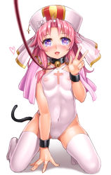 Rule 34 | 1girl, bell, blush, breasts, cameltoe, capelet, cat tail, cleft of venus, collar, covered erect nipples, cuffs, fake tail, full body, hat, heart, heart-shaped pupils, highleg, highleg leotard, iris (sennen sensou aigis), kneeling, lambda (kusowarota), leash, leotard, neck bell, open mouth, pink hair, purple eyes, sennen sensou aigis, shackles, small breasts, smile, solo, symbol-shaped pupils, tail, thighhighs, v, veil, viewer holding leash, white thighhighs