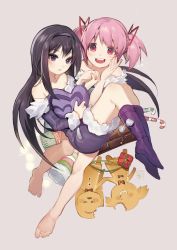Rule 34 | 2girls, absurdres, akemi homura, bare legs, bare shoulders, barefoot, black hair, black hairband, candy, candy cane, chocolate, dress, food, fur trim, gingerbread cookie, hair ribbon, hairband, highres, holding hands, kaname madoka, long hair, magical girl, mahou shoujo madoka magica, mahou shoujo madoka magica (anime), multiple girls, open mouth, pillow, pink eyes, pink hair, purple dress, purple eyes, purple legwear, ribbon, short twintails, simple background, smile, twintails, velahka