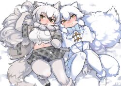 Rule 34 | 2girls, animal ears, arctic fox (kemono friends), arctic wolf (kemono friends), black hair, blue bow, blue bowtie, blush, boots, bow, bowtie, capelet, coat, commission, elbow gloves, fox ears, fox girl, fox tail, from above, fur trim, gloves, grey jacket, grey skirt, hair between eyes, highres, jacket, kemono friends, long hair, long sleeves, looking at viewer, lying, midriff, multicolored hair, multiple girls, navel, on back, open clothes, open jacket, pantyhose, plaid, plaid skirt, plaid trim, pleated skirt, rinx, shirt, sidelocks, skeb commission, skirt, smile, snow, tail, two-tone hair, white capelet, white coat, white footwear, white fur, white gloves, white hair, white pantyhose, white shirt, white skirt, wolf ears, wolf girl, wolf tail, yellow eyes
