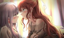 Rule 34 | 2girls, backlighting, bang dream!, bare shoulders, blush, brown hair, collarbone, commentary request, curtains, earrings, eye contact, face-to-face, green eyes, highres, imai lisa, jewelry, light purple hair, long hair, looking at another, minato yukina, multiple girls, rabbit earrings, smile, tree bowbow, upper body, yellow eyes, yuri