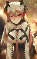 Rule 34 | 1girl, all fours, arknights, bad id, bad pixiv id, blouse, blurry, blurry background, blush, breasts, commentary, dragon horns, earrings, english commentary, ginhaha, grey hair, hair between eyes, highres, horns, jewelry, large breasts, long hair, looking at viewer, orange eyes, saria (arknights), shirt, solo, tail, white shirt
