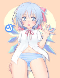 Rule 34 | 1girl, blue eyes, blue hair, blush, circled 9, cirno, from below, hair ornament, hair ribbon, ice, ice wings, looking at viewer, looking down, matching hair/eyes, no pants, open mouth, panties, pokomi, puffy sleeves, ribbon, shirt, short hair, short sleeves, simple background, solo, striped clothes, striped panties, touhou, underwear, wings