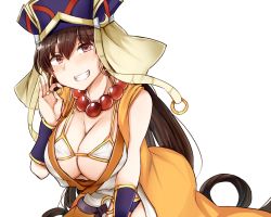 Rule 34 | 1girl, beads, bikini, blush, breasts, brown eyes, brown hair, cleavage, cowboy shot, earrings, fate (series), hair between eyes, has bad revision, has lossy revision, hat, jewelry, jirou (tamaho39), large breasts, long hair, looking at viewer, necklace, prayer beads, revealing clothes, ring, smile, solo, swimsuit, xuangzang sanzang (fate)