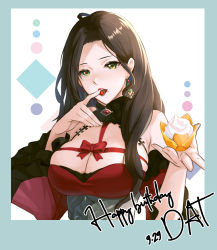 Rule 34 | 1girl, breasts, brown hair, cherry, cleavage, da-cart, dated, dorothea arnault, dress, earrings, eating, fire emblem, fire emblem: three houses, food, fruit, green eyes, happy birthday, highres, holding, jewelry, large breasts, long hair, long sleeves, looking at viewer, nintendo, open mouth, solo, upper body