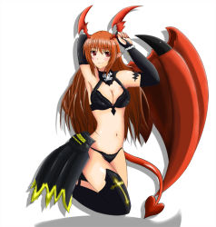 Rule 34 | 1girl, armpits, asymmetrical clothes, bare shoulders, bikini, blush, breasts, cleavage, demon girl, female focus, horns, kneeling, long hair, lord of vermilion, nail polish, navel, orange hair, red eyes, single wing, smile, solo, demon girl, succubus (lord of vermilion), swimsuit, tail, white background, wings