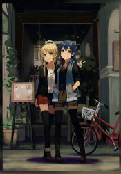 Rule 34 | 2girls, absurdres, ayase eli, bicycle, black legwear, blonde hair, blue eyes, blue hair, blush, boots, closed mouth, full body, hair between eyes, hands in pockets, highres, huanxiang heitu, jacket, jewelry, long hair, long sleeves, looking at viewer, love live!, love live! school idol project, multiple girls, necklace, non-web source, open clothes, open jacket, open mouth, pantyhose, ponytail, scan, shorts, skirt, smile, sonoda umi, standing, thighhighs, yellow eyes