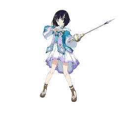 Rule 34 | 1girl, black hair, blue eyes, dress, full body, hair ornament, holding, holding weapon, looking at viewer, mole, mole under eye, premiere (sao), short hair, solo, standing, sword art online, transparent background, weapon