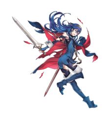 Rule 34 | 1girl, ass, belt, blue eyes, blue hair, boots, breasts, cape, clenched teeth, fingerless gloves, fire emblem, fire emblem awakening, fire emblem heroes, gloves, injury, long hair, lowres, lucina (fire emblem), nintendo, official art, ryona, small breasts, solo, striped clothes, striped thighhighs, sword, teeth, thigh boots, thighhighs, tiara, torn clothes, tunic, weapon