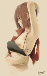 Rule 34 | 1girl, android, armpits, bikini, black bikini, breast slip, breasts, brown hair, clothes pull, cropped torso, daigoman, dated, lips, meiko (vocaloid), nipples, one breast out, profile, pulling own clothes, red theme, short hair, simple background, solo, subdermal port, swimsuit, tattoo, usb, vocaloid
