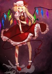 Rule 34 | 1girl, arm hug, ascot, blonde hair, blood, bobby socks, crystal, fang, fangs, female focus, flandre scarlet, glowing, hat, highres, injury, issign, laevatein, long hair, mary janes, paint splatter, pigeon-toed, purple eyes, shoes, short hair, smile, socks, solo, standing, star (symbol), embodiment of scarlet devil, touhou, wings, wrist cuffs, wristband