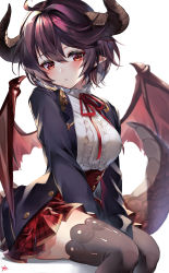 Rule 34 | 1girl, 40 (0f0urw), absurdres, ahoge, between legs, black thighhighs, blue jacket, breasts, commentary request, dragon girl, dragon horns, dragon tail, dragon wings, granblue fantasy, grea (shingeki no bahamut), hair between eyes, hand between legs, highres, horns, jacket, large breasts, looking at viewer, manaria friends, pleated skirt, pointy ears, purple hair, red eyes, red skirt, shingeki no bahamut, shirt, short hair, simple background, sitting, skirt, solo, tail, thighhighs, white background, white shirt, wings, zettai ryouiki