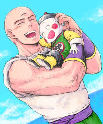 Rule 34 | 2boys, ^ ^, bad id, bad pixiv id, bald, bare arms, black footwear, blush stickers, carrying, chaozu, chinese clothes, closed eyes, clothes writing, cloud, cloudy sky, cowboy shot, day, dragon ball, dragonball z, closed eyes, fingernails, full body, hand on another&#039;s head, happy, hat, hug, long sleeves, male focus, multiple boys, open mouth, outdoors, shirt, sky, sleeves rolled up, smile, tenshinhan, upper body, white shirt, wristband