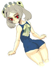 Rule 34 | 1girl, 4m4y0r1, ass, bloody marie (skullgirls), cropped legs, dutch angle, exposed bone, from behind, grey hair, hair ornament, highres, looking at viewer, looking back, maid headdress, one-piece swimsuit, red eyes, shoulder blades, skull hair ornament, skullgirls, solo, swimsuit, twintails, white background