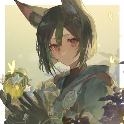 Rule 34 | 1boy, animal ear fluff, animal ears, black gloves, black hair, blunt ends, chinese commentary, commentary request, fox boy, fox ears, fox tail, genshin impact, gloves, green eyes, green hair, hair between eyes, highres, hood, hoodie, looking at viewer, male focus, multicolored hair, persimmon (lsxh3), solo, streaked hair, tail, tighnari (genshin impact)