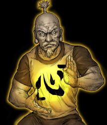Rule 34 | 1boy, beard, biceps, black background, clothes writing, commentary request, facial hair, glowing, hands up, hunter x hunter, isaac netero, long earlobes, looking at viewer, male focus, monochrome, muscular, muscular male, old, old man, outline, shigumo (shigeru), shirt, short sleeves, simple background, solo, topknot, upper body, yellow outline