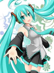 Rule 34 | 1girl, aqua eyes, aqua hair, detached sleeves, hatsune miku, long hair, necktie, open mouth, outstretched arm, reaching, red-eyes macadamiachoco, skirt, solo, thighhighs, twintails, very long hair, vocaloid