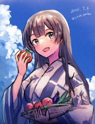 Rule 34 | 1girl, agano (kancolle), basket, black hair, blue sky, cloud, commentary request, dated, green eyes, japanese clothes, kantai collection, kimono, long hair, looking at viewer, one-hour drawing challenge, sky, smile, solo, tomato, twitter username, upper body, white kimono, wss (nicoseiga19993411), yukata