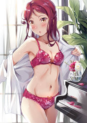Rule 34 | 1girl, blush, bow, bow bra, bow panties, bra, breasts, cleavage, collarbone, curtains, floral print, flower, indoors, instrument, lingerie, long hair, love live!, love live! sunshine!!, open mouth, panties, petals, piano, pink flower, plant, red hair, sakurauchi riko, see-through, shirt, sidelocks, small breasts, solo, tipii, underwear, undressing, vase, white flower, white shirt, window, yellow eyes