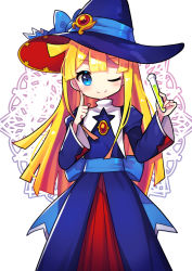 Rule 34 | 1girl, absurdres, blonde hair, blue bow, blue eyes, blue hat, blue ribbon, blush, bow, closed mouth, hat, hat bow, hat ribbon, highres, holding, holding test tube, index finger raised, long hair, long sleeves, looking at viewer, offbeat, puyopuyo, ribbon, smile, solo, test tube, witch (puyopuyo), witch hat