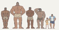 Rule 34 | 1girl, 5boys, abs, arm hair, bara, blue shorts, brown shorts, bulge, chest hair, crossed arms, dark-skinned male, dark skin, denim, denim shorts, dobito mn, facial hair, fangs, full body, giant, giant male, grin, hairy, height difference, highres, large pectorals, leg hair, looking at viewer, male focus, mature male, multiple boys, muscular, muscular male, mustache, navel, navel hair, no nipples, orc, original, pectorals, short hair, shorts, sideburns, size difference, smile, standing, stomach, stubble, thick thighs, thighs, topless male, unfinished