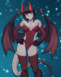 Rule 34 | 1girl, absurdres, bad id, bad twitter id, bare shoulders, black hair, blue eyes, breasts, closed mouth, collarbone, colored skin, contrapposto, cowboy shot, demon girl, demon horns, demon wings, elbow gloves, facial mark, gloves, gluteal fold, grey skin, groin, hands on own hips, head tilt, heterochromia, highres, horns, ittla, jewelry, leotard, looking at viewer, naughty face, necklace, original, pointy ears, red eyes, red leotard, short hair, smile, solo, standing, star (symbol), star necklace, strapless, strapless leotard, tail, thighhighs, wings