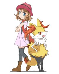 Rule 34 | &gt;:), 1girl, animal ear fluff, animal ears, animal nose, ankle boots, back-to-back, bag, blue eyes, boots, braixen, creatures (company), crossed arms, dress, fang, fox ears, fox tail, game freak, gen 6 pokemon, hands on own hips, hat, looking at viewer, mikan imo, nintendo, pokemon, pokemon (anime), pokemon (creature), red eyes, serena (pokemon), short hair, shoulder bag, snout, tail, thighhighs, v-shaped eyebrows