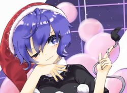 Rule 34 | 1girl, :3, black shirt, blue eyes, blue hair, blue nails, chokomaron, doremy sweet, dream soul, hair between eyes, hand on own chin, hands up, hat, head rest, highres, index finger raised, leaning to the side, looking at viewer, nightcap, one eye closed, pom pom (clothes), portrait, red hat, shirt, short hair, solo, tail, tail wrap, touhou