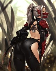 Rule 34 | 1girl, arched back, armor, ass, back, back cutout, breasts, clothing cutout, grey hair, hand on own hip, hand on own thigh, highres, houtengeki, large breasts, long hair, looking at viewer, looking back, mask, monster hunter, monster hunter: world, monster hunter (series), ninja, odogaron (armor), outdoors, pauldrons, ponytail, shoulder armor, solo, standing, yellow eyes