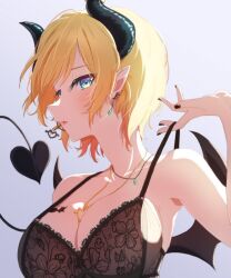 Rule 34 | 1girl, bat tattoo, black bra, black nails, blonde hair, blue eyes, blush, bra, breast tattoo, breasts, cleavage, demon girl, demon horns, demon wings, earrings, gold necklace, heart, heart earrings, heart necklace, highres, hololive, horns, jewelry, lace, lace-trimmed bra, lace trim, large breasts, loeldrive, looking at viewer, nail polish, necklace, necklace between breasts, official alternate hairstyle, open mouth, pointy ears, short hair, solo, tattoo, underwear, virtual youtuber, wings, yuzuki choco