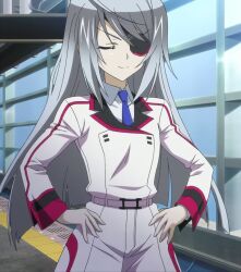 Rule 34 | 1girl, absurdres, breasts, closed eyes, eyepatch, grey hair, hands on own hips, highres, infinite stratos, laura bodewig, long hair, necktie, school uniform, small breasts, smile, solo, stitched, third-party edit