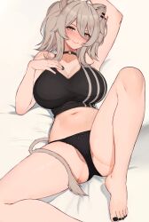 Rule 34 | 1girl, absurdres, animal ears, arm up, barefoot, black choker, black panties, breasts, choker, closed mouth, crop top, ear piercing, feet, foot out of frame, grey eyes, grey hair, hair between eyes, hand on own chest, highres, hololive, knee up, large breasts, legs, lion ears, lion tail, looking at viewer, nail polish, navel, on bed, panties, partially visible vulva, piercing, shishiro botan, smile, solo, stomach, tail, toenail polish, toenails, toes, underwear, varniskarnis, virtual youtuber