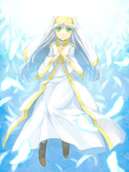 Rule 34 | 1girl, boots, cape, falling feathers, feathers, female focus, full body, gradient background, green eyes, habit, inagiri yunou, index (toaru majutsu no index), long hair, nun, own hands clasped, own hands together, robe, safety pin, smile, solo, toaru majutsu no index