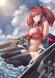 Rule 34 | 1girl, absurdres, azur lane, bare shoulders, bikini, black choker, black thighhighs, blue jacket, blue sky, breasts, bremerton (azur lane), choker, cleavage, closed mouth, cloud, evening, front-tie bikini top, front-tie top, grey hair, hair between eyes, hair intakes, hair ornament, highres, huui (a72392239), jacket, large breasts, lifebuoy ornament, long hair, multicolored hair, navel, no mole, no pants, no shirt, ocean, off shoulder, outdoors, pink bikini, pink eyes, pink hair, rigging, sidelocks, sitting, sitting on liquid, skindentation, sky, solo, stomach, streaked hair, swimsuit, thighhighs, turret, twintails, two-tone hair, underboob, wariza