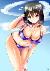 Rule 34 | 10s, 1girl, bent over, bikini, black hair, blush, breasts, brown eyes, cleavage, haguro (kancolle), highres, kantai collection, kogawawaki, large breasts, leaning forward, looking at viewer, navel, short hair, standing, swimsuit
