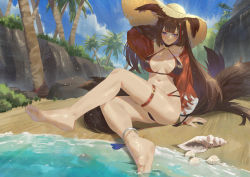 Rule 34 | 1girl, absurdres, amagi (azur lane), animal ears, azur lane, barefoot, beach, bikini, black hair, blunt bangs, brown hair, cirilla lin, coat, day, feet, fox ears, fox girl, fox tail, highres, long hair, looking back, multiple tails, outdoors, palm tree, purple eyes, red coat, scenery, smile, soles, solo, swimsuit, tail, thick eyebrows, thigh strap, toes, tree, water