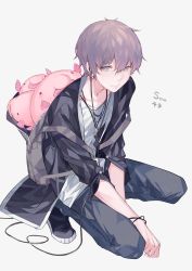 Rule 34 | 1boy, absurdres, androgynous, backpack, bag, black footwear, black jacket, black pants, blobfish, blue eyes, brown hair, cable, character name, closed mouth, commentary, denim, full body, headphones, highres, indie utaite, jacket, jeans, kaneblob, long sleeves, looking at viewer, male focus, niconico, open bag, pants, shirt, shoes, short hair, simple background, sleeves pushed up, smile, sneakers, solo, sou (utaite), squatting, utaite, white background, white shirt