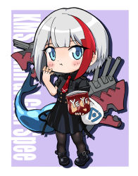 Rule 34 | 1girl, admiral graf spee (azur lane), admiral graf spee (girl&#039;s sunday) (azur lane), azur lane, bad id, bad pixiv id, bag, black dress, black pantyhose, blue eyes, boots, bugles, bugles (food), bugles on fingers, chibi, commentary request, dress, eating, food on hand, hydrock, looking at viewer, machinery, multicolored hair, necktie, pantyhose, plastic bag, shopping bag, short hair, silver hair, snack, solo, turret, two-tone hair