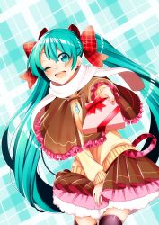 Rule 34 | 1girl, absurdres, blue eyes, blue hair, blush, bow, capelet, earrings, frilled capelet, frills, gift, hair bow, hatsune miku, heart, heart earrings, highres, holding, holding gift, jewelry, layered skirt, long hair, long sleeves, masumofu, nail polish, necklace, one eye closed, open mouth, plaid, plaid background, plaid bow, reaching, reaching towards viewer, scarf, skirt, smile, solo, sweater, thighhighs, valentine, very long hair, vocaloid