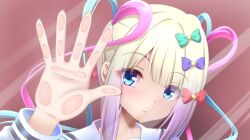 Rule 34 | 1girl, against fourth wall, against glass, blonde hair, blue eyes, blue hair, blue nails, blush, bow, chouzetsusaikawa tenshi-chan, close-up, evandragon, fourth wall, hair bow, hand on glass, long hair, looking at viewer, multicolored hair, multicolored nails, multiple hair bows, nail polish, needy girl overdose, pink hair, pink nails, quad tails, scene reference, school uniform, serafuku, simple background, solo, yellow nails