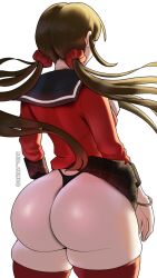 Rule 34 | 1girl, absurdres, ass, bracelet, brown hair, danganronpa (series), danganronpa v3: killing harmony, harukawa maki, highres, huge ass, jewelry, long hair, looking away, panties, red venvs, scrunchie, shiny skin, simple background, skirt, solo, thick thighs, thighhighs, thighs, thong, twintails, underwear, wide hips