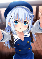 Rule 34 | 1girl, :o, absurdres, arms up, back, backpack, bag, beret, blue eyes, blue hair, blue hat, blue skirt, blue vest, blurry, blurry background, blush, chestnut mouth, commentary request, depth of field, from above, gochuumon wa usagi desu ka?, hair between eyes, hair ornament, hat, highres, indoors, kafuu chino, kafuu chino&#039;s school uniform, long hair, long sleeves, looking at viewer, looking up, mousou (mousou temporary), outstretched arms, parted lips, railing, reaching, reaching towards viewer, sailor collar, school uniform, shirt, skirt, solo, vest, white sailor collar, white shirt, wooden floor, x hair ornament