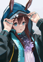 Rule 34 | 1girl, :o, absurdres, amiya (arknights), animal ear fluff, animal ears, arknights, arms up, ascot, black jacket, blue eyes, brown hair, commentary request, ears through headwear, grey background, hair between eyes, highres, hood, hood up, hooded jacket, jacket, jessmka7, jewelry, long hair, long sleeves, looking at viewer, parted lips, puffy long sleeves, puffy sleeves, purple ascot, rabbit ears, ring, shirt, solo, upper body, white shirt