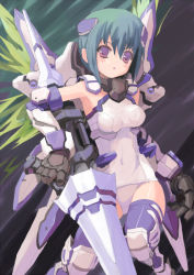 Rule 34 | 1girl, black thighhighs, blue hair, blue thighhighs, bob cut, breasts, densou tenshi valforce, elbow gloves, flat chest, gloves, hair ornament, huge weapon, kannagi ai, lance, mecha musume, mechanical arms, one-piece swimsuit, polearm, red eyes, rudorufu, school swimsuit, short hair, small breasts, solo, swimsuit, thighhighs, thrusters, weapon, white one-piece swimsuit